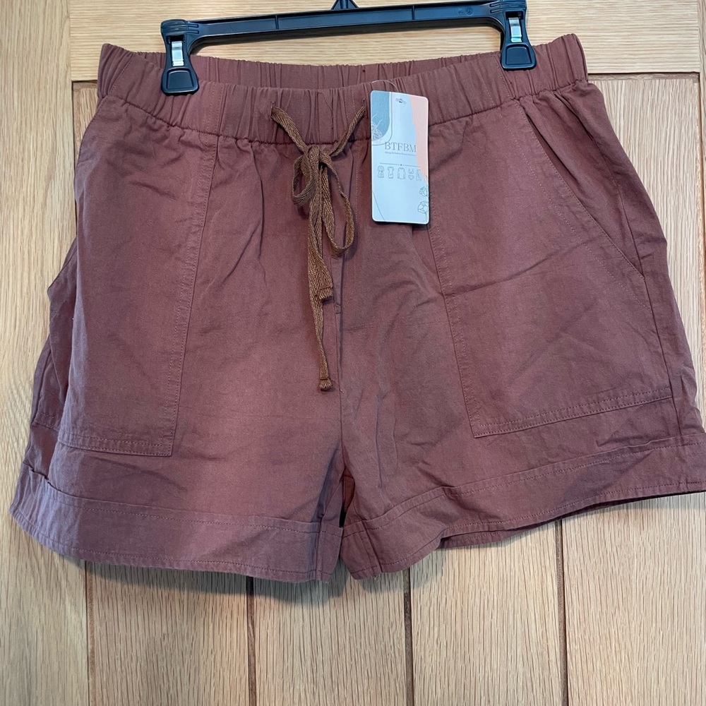 BTFBM Women Casual Shorts Plain Solid Color Elastic Waist Drawstring Shorts, NWT